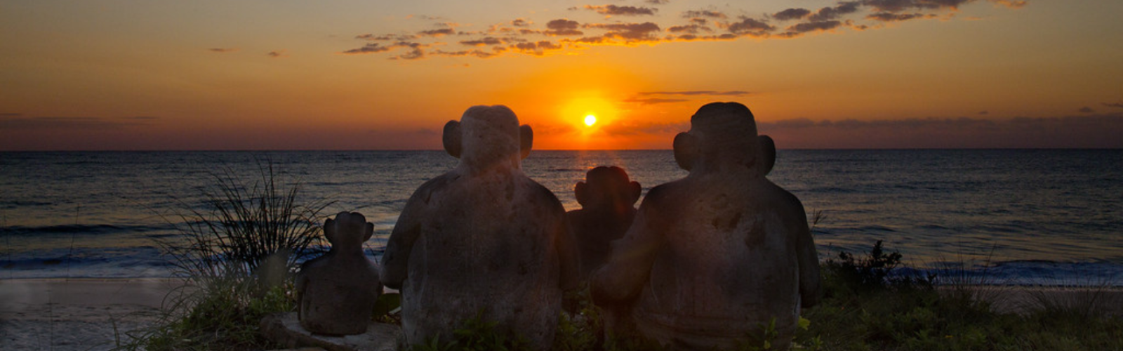 A sunrise scene over the ocean with statues of monkeys sitting on the shore, facing the horizon.